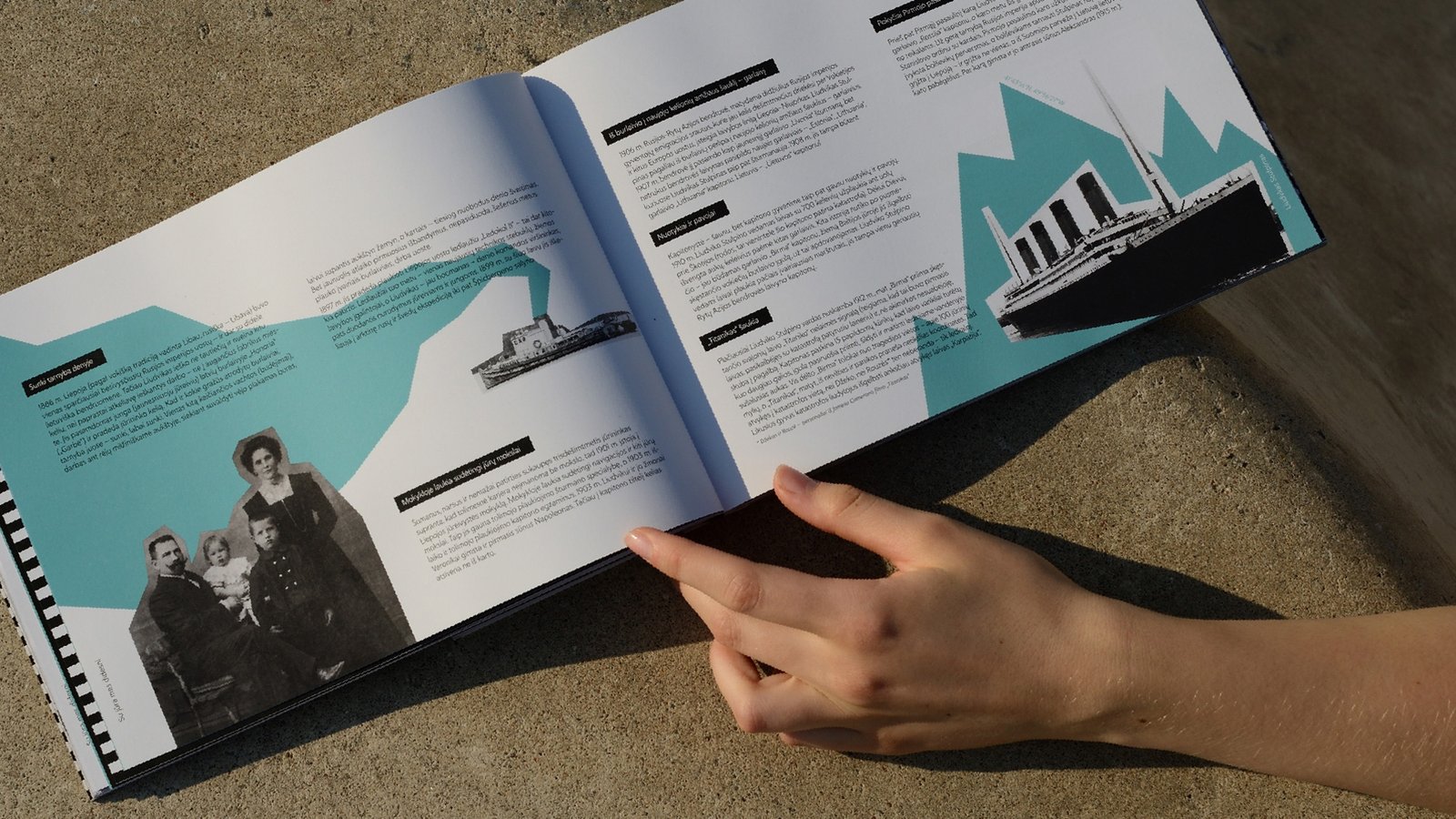 “Su jūra mes didesni” book spread exploring Lithuanian maritime history