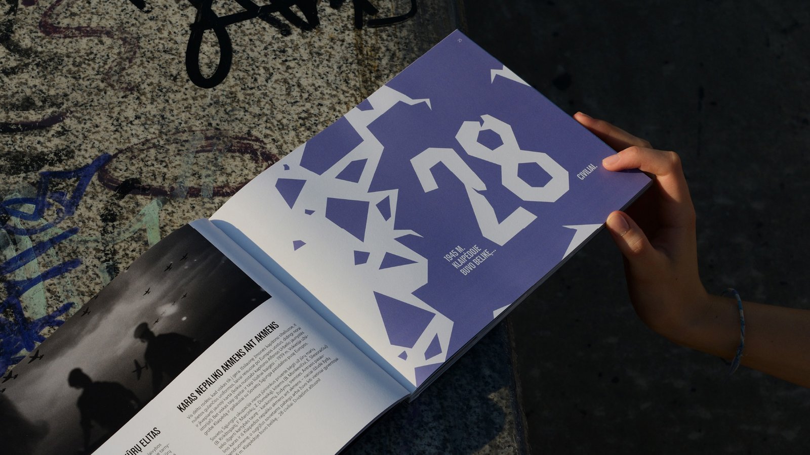 “Su jūra mes didesni” book spread combining archival imagery and contemporary graphic design