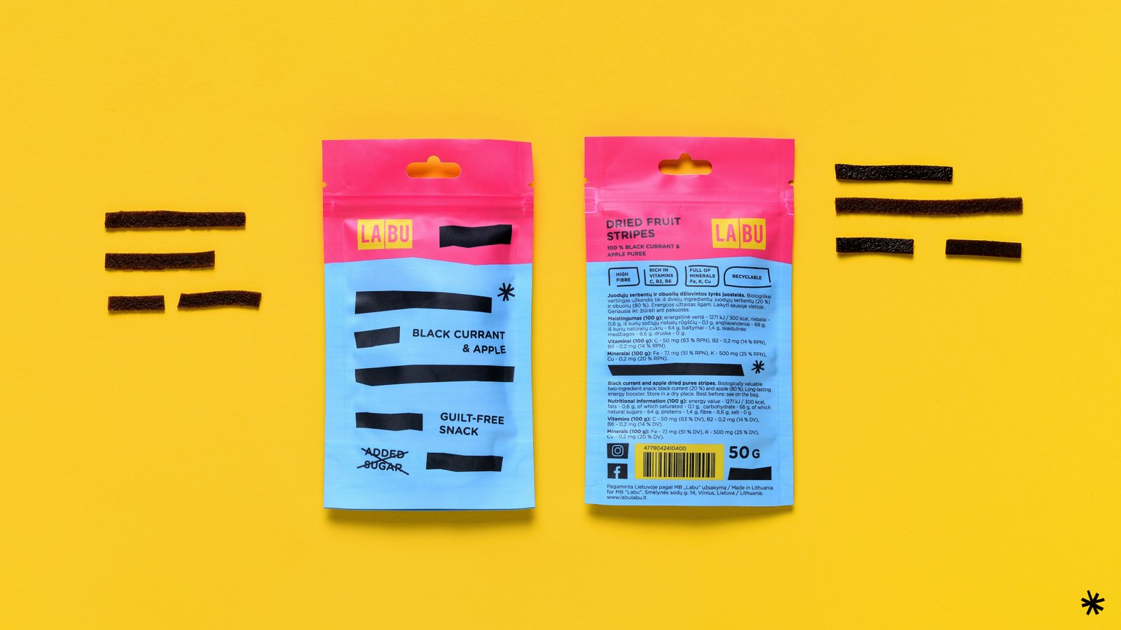 LABU logo and fruit strips on a bright pink background